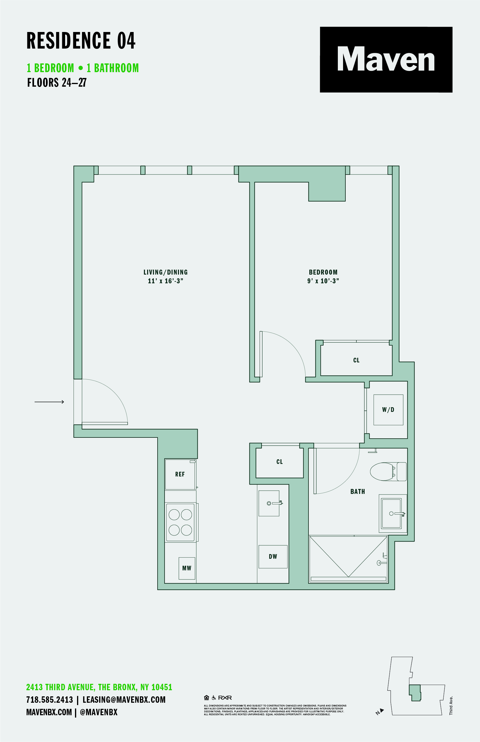 Floor plan for 1 bed, 1 bath, 563 sqft